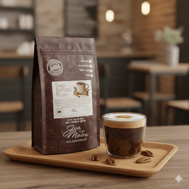 Java Momma Sweet Buttered Pecan coffee bag with a pecan cortado on wooden tray, garnished with pecans – Butter Pecan flavored coffee lifestyle image